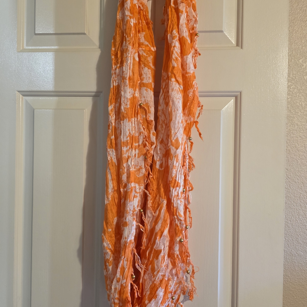 Orange and White Tie-Dye Scarf With Gold Beads